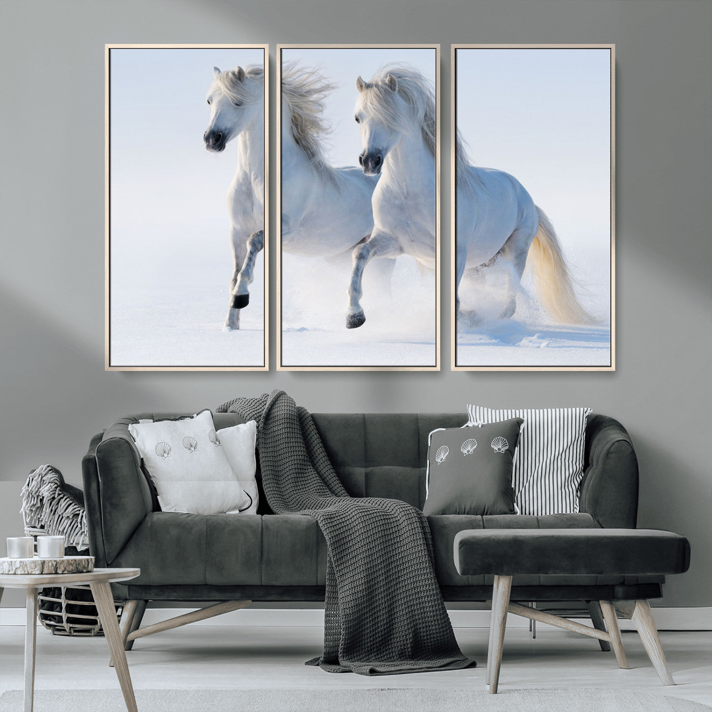 80145-MGV-CV-36X24-White Horses Running Snow Wall Art – Majestic Equine Canvas Print, Winter Nature Photography Decor for Living Room, Office,