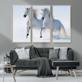 80145-MGV-CV-36X24-White Horses Running Snow Wall Art – Majestic Equine Canvas Print, Winter Nature Photography Decor for Living Room, Office,