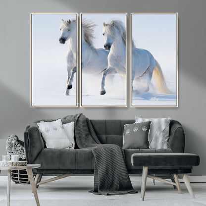 80145-MGV-CV-36X24-White Horses Running Snow Wall Art – Majestic Equine Canvas Print, Winter Nature Photography Decor for Living Room, Office,