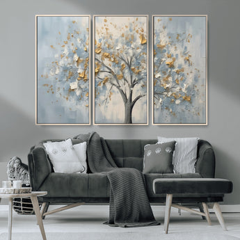 65811-MGV-CV-36X24-Abstract Tree Wall Art – Textured Canvas Painting with Gold and White Leaves, Modern Nature Inspired Decor for Living Room or