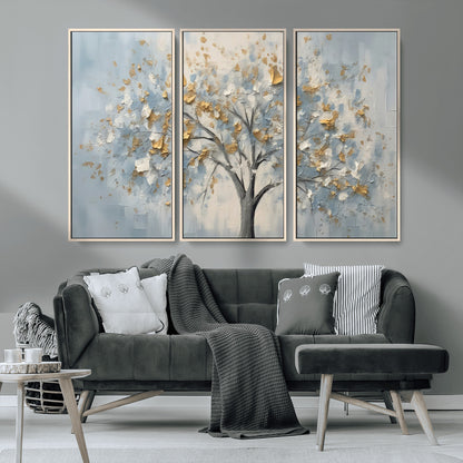 65811-MGV-CV-36X24-Abstract Tree Wall Art – Textured Canvas Painting with Gold and White Leaves, Modern Nature Inspired Decor for Living Room or