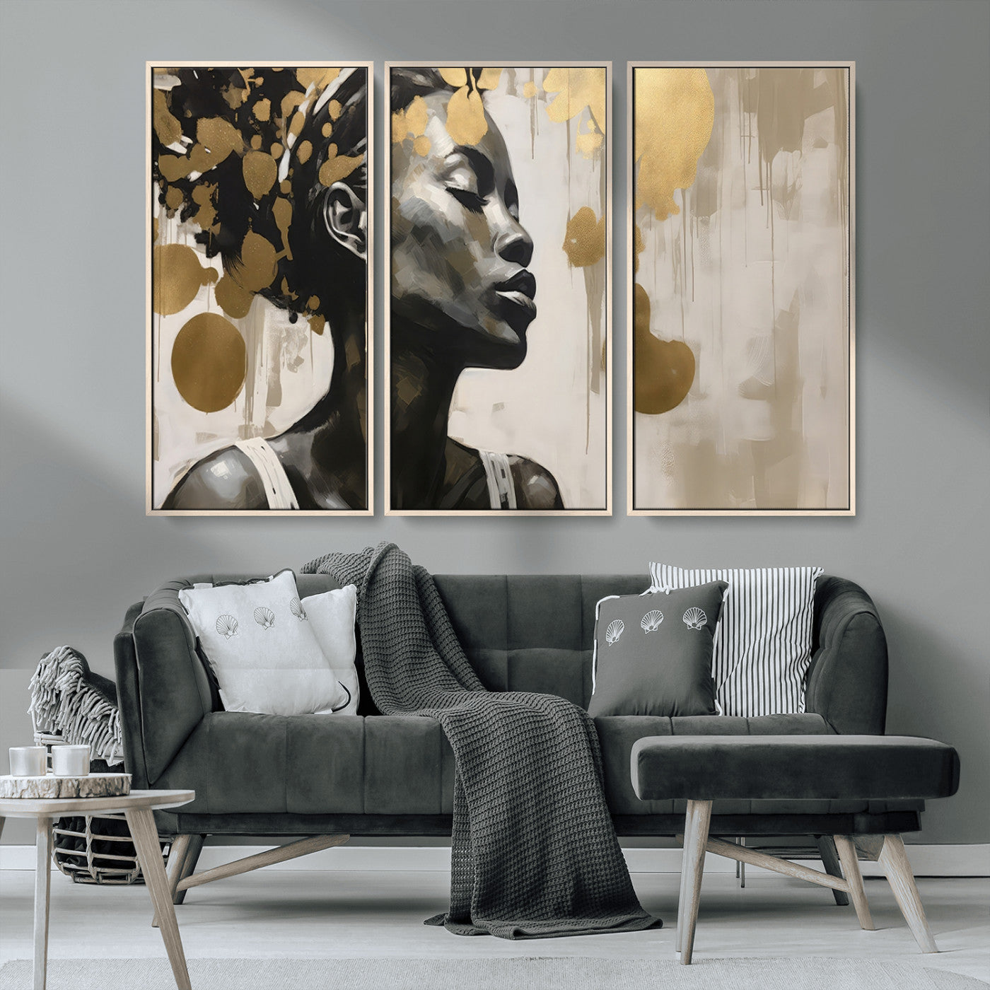 65669-MGV-CV-36X24-Elegant Black Woman Wall Art – Modern Abstract Portrait Canvas with Gold Accents, Contemporary Afrocentric Decor for Living Room