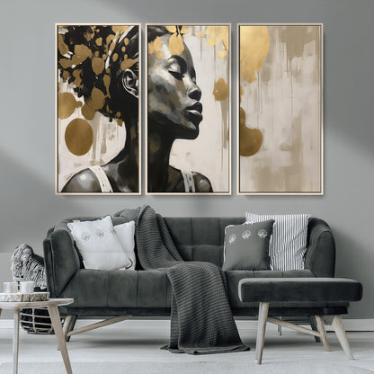65669-MGV-CV-36X24-Elegant Black Woman Wall Art – Modern Abstract Portrait Canvas with Gold Accents, Contemporary Afrocentric Decor for Living Room