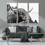 61570-MGV-CV-36X24-Highland Cow Wall Art – Black and White Scottish Bull Canvas Print, Rustic Farmhouse Animal Decor for Living Room, Bedroom, or