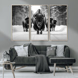 45287-MGV-CV-36X24-Bison Herd Wall Art – Black and White Buffalo Snow Road Canvas Print, Rustic Wildlife Decor for Cabin, Lodge or Living Room