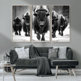 79872-MGV-CV-36X24-Bison Herd Wall Art – Black and White Buffalo on Snow Canvas Print, Rustic Wildlife Decor for Lodge, Cabin, or Living Room