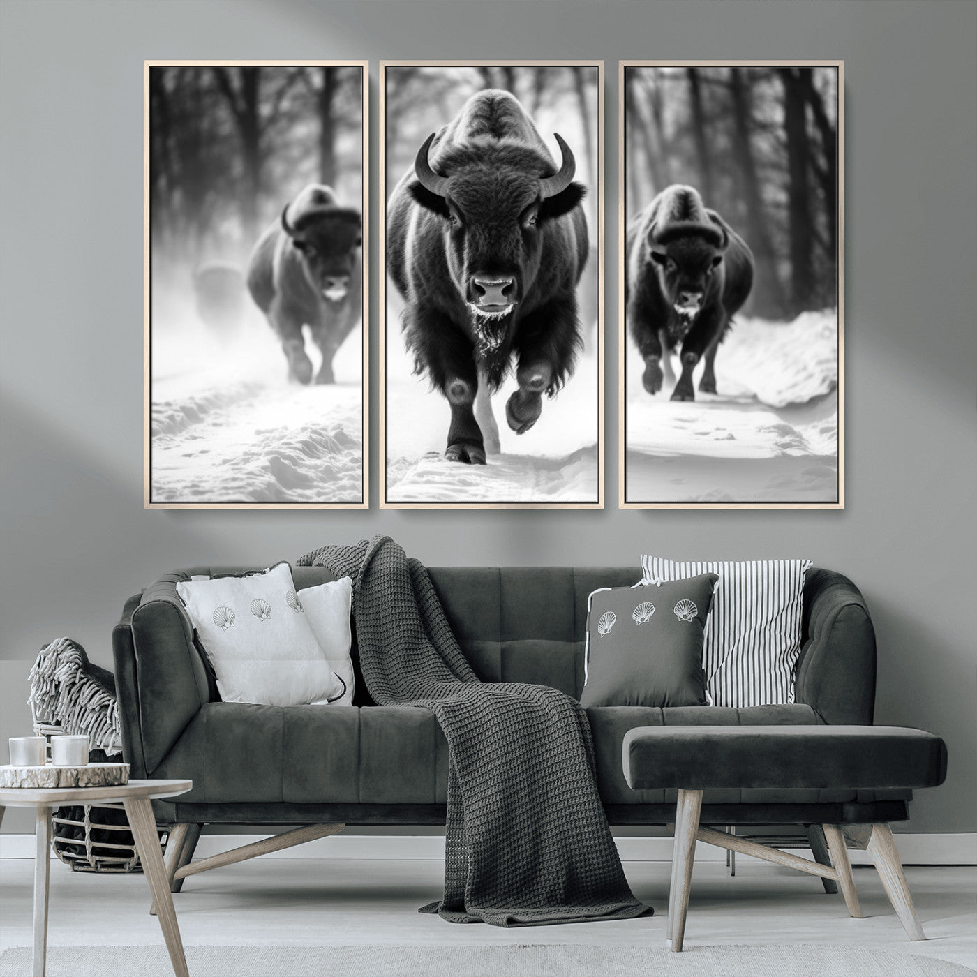 97552-MGV-CV-36X24-Black and White Bison Wall Art – Buffalo Herd Running in Snow Canvas Print, Rustic Wildlife Photography Decor for Cabin, Lodge, or