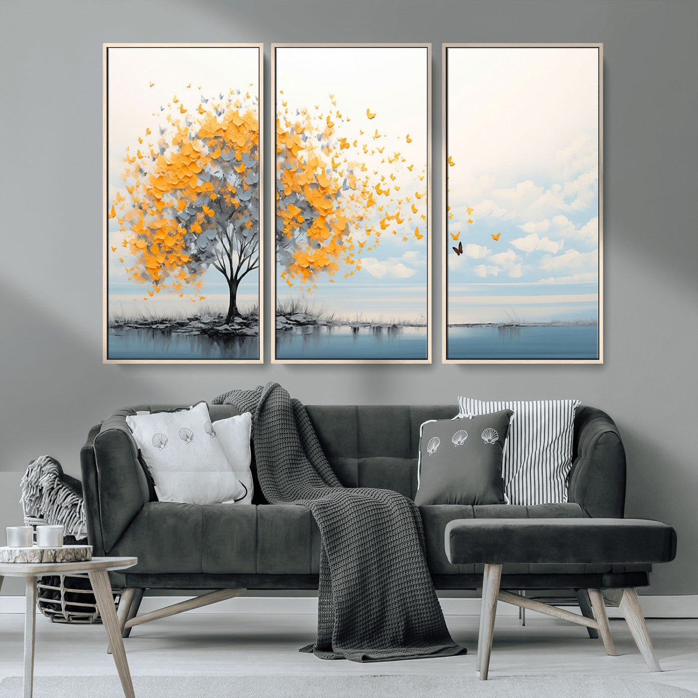 23385-MGV-CV-36X24-Golden Butterfly Tree Wall Art – Abstract Yellow and Gray Canvas Print, Modern Nature Artwork for Living Room, Bedroom or Office