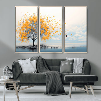 23385-MGV-CV-36X24-Golden Butterfly Tree Wall Art – Abstract Yellow and Gray Canvas Print, Modern Nature Artwork for Living Room, Bedroom or Office
