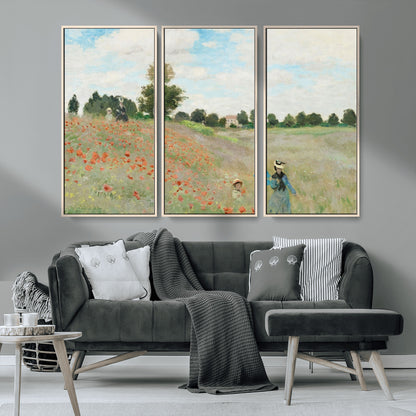 74890-MGV-FC-48X32-3P_Natural-Monet Poppy Field Wall Art – Impressionist Landscape Canvas Print, Classic French Artwork for Living Room, Bedroom or Office Decor