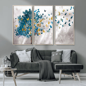 37564-MGV-CV-36X24-Butterfly Tree Wall Art – Modern Nature Canvas Print with Blue and Golden Butterflies, Elegant Decorative Painting for Living Room