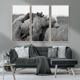 76338-MGV-CV-36X24-Mother Bear and Cub Wall Art – Black and White Wildlife Canvas Print, Rustic Nature Photography for Cabin, Living Room or Office