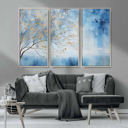 23891-MGV-FC-48X32-3P_Natural-Abstract Tree Wall Art – Minimalist Blue and Gold Canvas Painting, Elegant Nature-Inspired Artwork for Living Room, Bedroom or