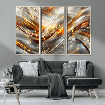 Lines1-MGV-CV-36X24-Abstract Metallic Wall Art – Silver and Gold Wave Canvas Print with Sparkling Accents, Modern Luxury Decor for Living Room, Office