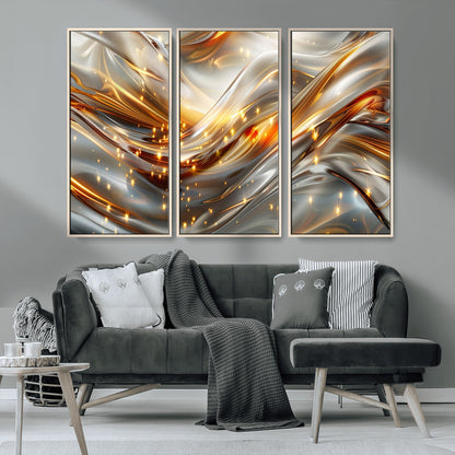 Lines1-MGV-CV-36X24-Abstract Metallic Wall Art – Silver and Gold Wave Canvas Print with Sparkling Accents, Modern Luxury Decor for Living Room, Office