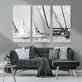 Boat-1-MGV-FC-48X32-3P_Natural-Sailboat Racing Wall Art – Nautical Black and White Canvas Print, Ocean Adventure Decor for Office, Living Room or Bedroom