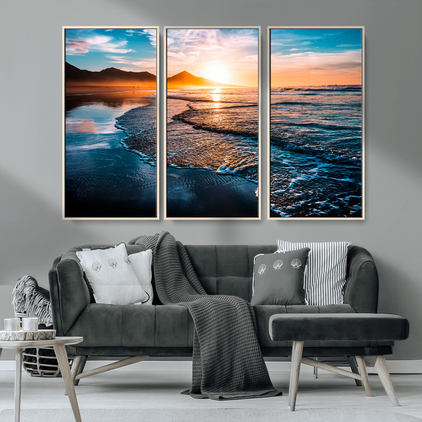 26494-MGV-CV-36X24-Ocean Sunset Wall Art – Scenic Beach Canvas Print with Waves and Mountains, Coastal Seascape Photography for Living Room, Bedroom