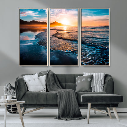 26494-MGV-CV-36X24-Ocean Sunset Wall Art – Scenic Beach Canvas Print with Waves and Mountains, Coastal Seascape Photography for Living Room, Bedroom