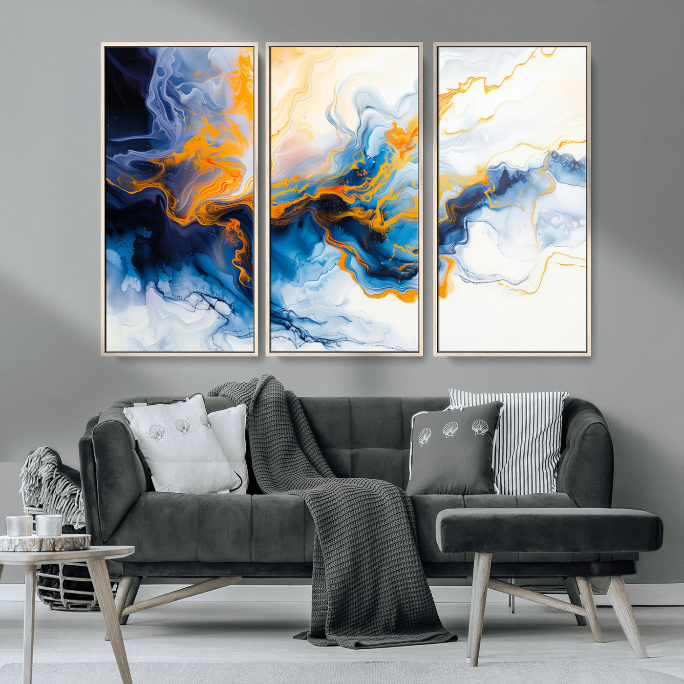83720-MGV-FC-48X32-3P_Natural-Abstract Fluid Wall Art – Blue, White and Gold Swirl Canvas Painting, Modern Contemporary Artwork for Living Room, Bedroom or