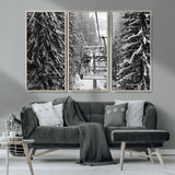 19240-MGV-CV-36X24-Ski Lift Wall Art – Black and White Winter Mountain Canvas Print, Snowy Forest Ski Resort Photography for Cabin, Lodge, Office or