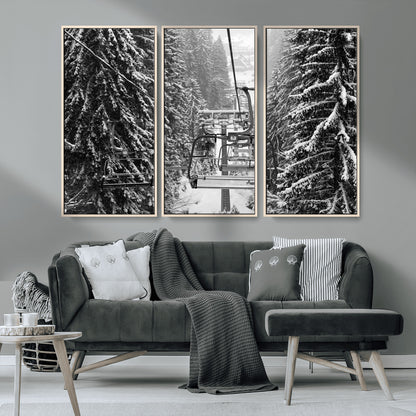 19240-MGV-CV-36X24-Ski Lift Wall Art – Black and White Winter Mountain Canvas Print, Snowy Forest Ski Resort Photography for Cabin, Lodge, Office or