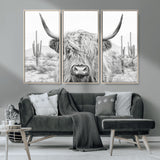 94579-MGV-CV-36X24-Highland Cow Wall Art – Black and White Longhorn Canvas Print, Rustic Western Farmhouse Animal Photography for Living Room,