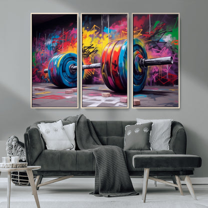 13549-MGV-CV-36X24-Graffiti Gym Wall Art Canvas Print, Framed Graffiti Barbell Art Picture Print, Weightlifting Perfect Fitness Studio Decor Artwork