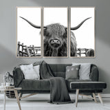 58188-MGV-CV-36X24-Highland Cow Wall Art – Black and White Rustic Farmhouse Canvas Print, Longhorn Cattle Photography Decor for Living Room or
