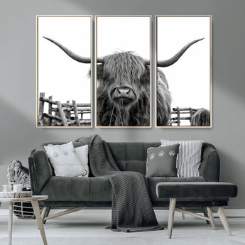 58188-MGV-CV-36X24-Highland Cow Wall Art – Black and White Rustic Farmhouse Canvas Print, Longhorn Cattle Photography Decor for Living Room or
