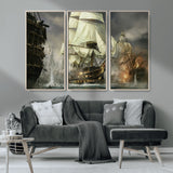 26512-MGV-CV-36X24-Naval Battle Wall Art – Dramatic Tall Ship Canvas Print, Historic Pirate Sailing War Scene, Nautical Decor for Office, Study or