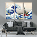 19450-MGV-FC-48X32-3P_Natural-Great Wave Adventure Wall Art – Japanese Style Ocean Canvas Print, Fantasy Sailing Decor for Living Room, Bedroom or Office