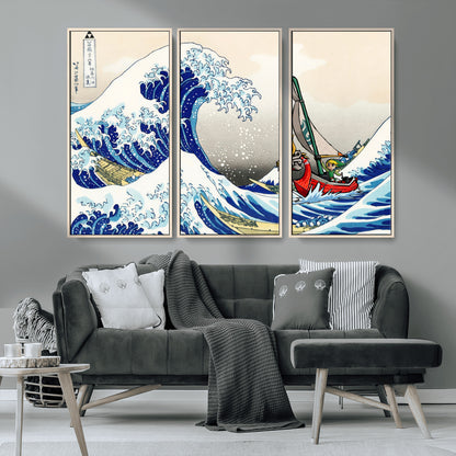 19450-MGV-FC-48X32-3P_Natural-Great Wave Adventure Wall Art – Japanese Style Ocean Canvas Print, Fantasy Sailing Decor for Living Room, Bedroom or Office