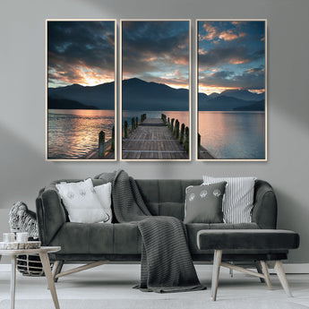 20442-MGV-CV-36X24-Lakeside Sunset Dock Wall Art – Peaceful Mountain Lake Canvas Print, Serene Nature Landscape Decor for Living Room, Bedroom or