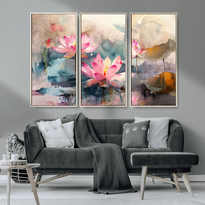 27936-MGV-FC-48X32-3P_Natural-Lotus Pond Wall Art – Watercolor Pink Lotus Flowers Canvas Print, Tranquil Botanical Artwork for Bedroom, Living Room or