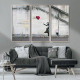 50559-MGV-FC-48X32-3P_Natural-Banksy Girl with Balloon Wall Art – Famous Street Graffiti Canvas Print, Modern Urban Artwork for Living Room, Bedroom or Office