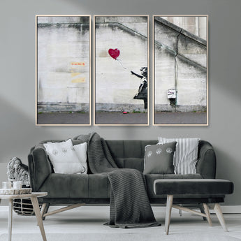 50559-MGV-FC-48X32-3P_Natural-Banksy Girl with Balloon Wall Art – Famous Street Graffiti Canvas Print, Modern Urban Artwork for Living Room, Bedroom or Office