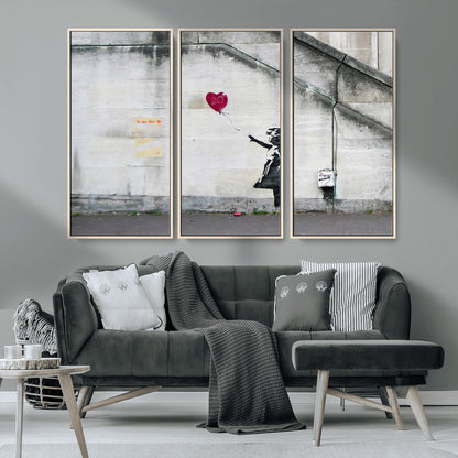 50559-MGV-FC-48X32-3P_Natural-Banksy Girl with Balloon Wall Art – Famous Street Graffiti Canvas Print, Modern Urban Artwork for Living Room, Bedroom or Office