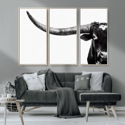 31699-MGV-CV-36X24-Longhorn Wall Art – Black and White Texas Longhorn Cow Canvas Print, Rustic Western Farmhouse Artwork for Living Room, Bedroom or
