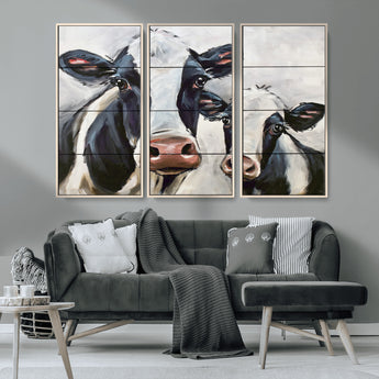 28934-MGV-FC-48X32-3P_Natural-Farmhouse Cow Wall Art – Rustic Black and White Dairy Cattle Canvas Print, Country Barn Animal Painting for Kitchen, Living Room