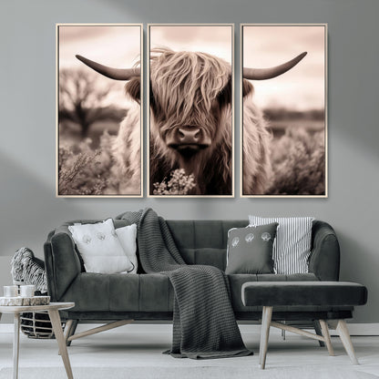 55903-MGV-CV-36X24-Highland Cow Wall Art – Rustic Sepia Scottish Highland Bull Canvas Print, Farmhouse Country Animal Decor for Living Room, Bedroom