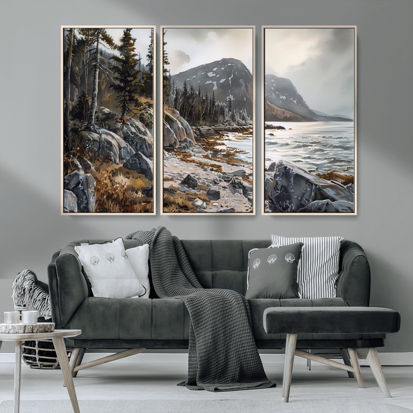 41281-MGV-CV-36X24-Rocky Shoreline Wall Art – Panoramic Mountain Coast and Forest Canvas Print, Rustic Nature Landscape Decor for Cabin, Lodge, or