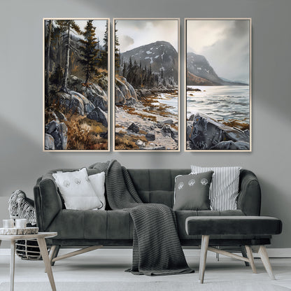 41281-MGV-CV-36X24-Rocky Shoreline Wall Art – Panoramic Mountain Coast and Forest Canvas Print, Rustic Nature Landscape Decor for Cabin, Lodge, or