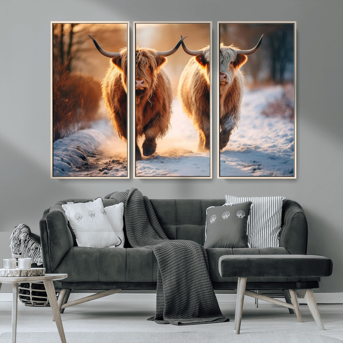 94810-MGV-CV-36X24-Highland Cow Wall Art – Rustic Canvas Print Two Cattle Snow Path Sunset, Farmhouse Country Decor for Living Room, Bedroom, Office,