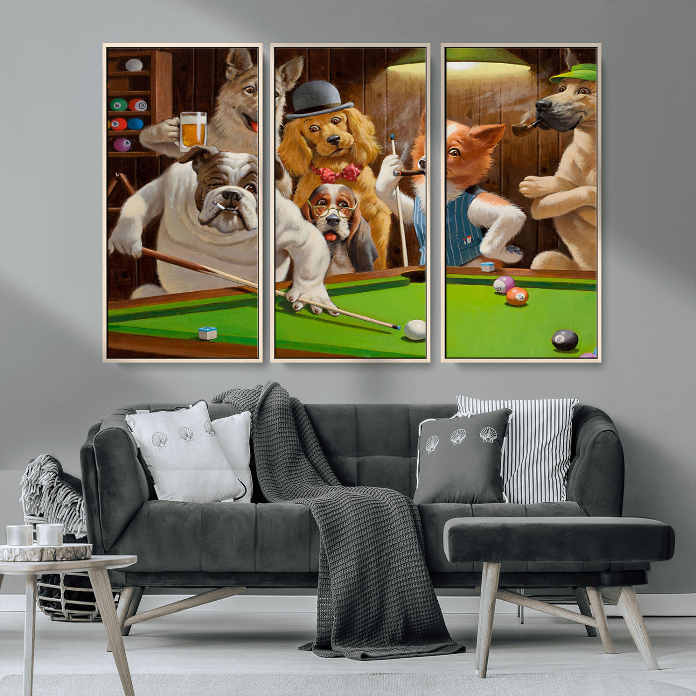34228-MGV-CV-36X24-Dogs Playing Pool Wall Art Canvas Print, Framed Funny Dog Art Picture Print, Dog Perfect Game Room Decor Artwork