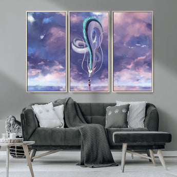 66864-MGV-CV-36X24-Fantasy Dragon Wall Art – Mystical Canvas Print Girl and Sky Serpent Dreamlike Clouds, Magical Anime Inspired Decor for Living