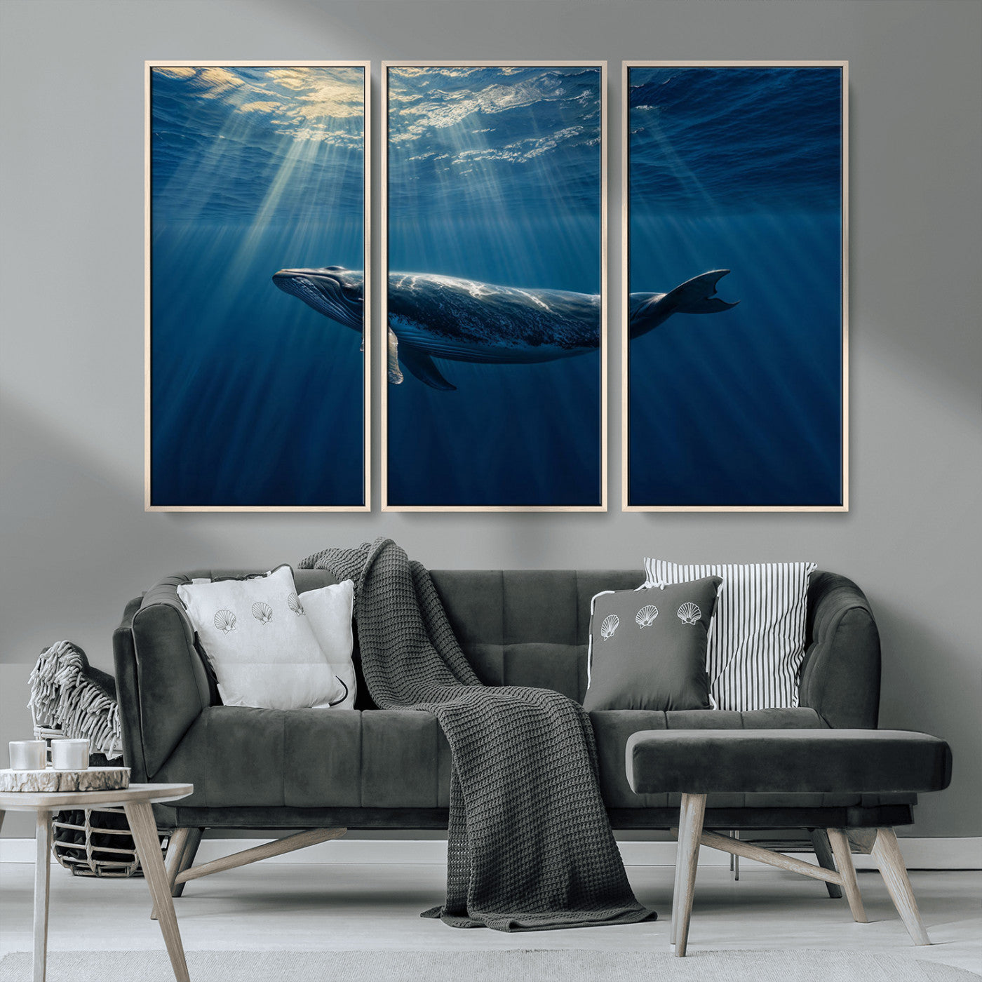 18052-MGV-CV-36X24-Whale Wall Art – Majestic Ocean Canvas Print Marine Life Underwater Sunlight Scene, Nautical Coastal Decor for Living Room,