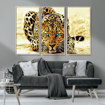 45281-MGV-CV-36X24-Blue Eye Leopard Wall Art Canvas Print, Framed Leopard Painting Art Picture Print, Big Cat Perfect Safari Wildlife Decor Artwork