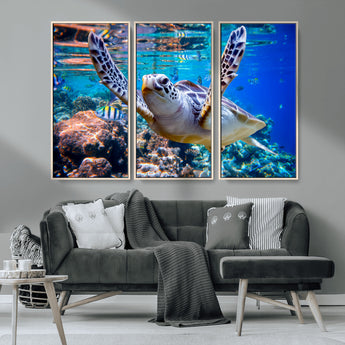 12683-MGV-FC-48X32-3P_Natural-Sea Turtle Wall Art – Graceful Ocean Canvas Print with Coral Reef and Tropical Fish, Coastal Marine Life Decor for Beach House,