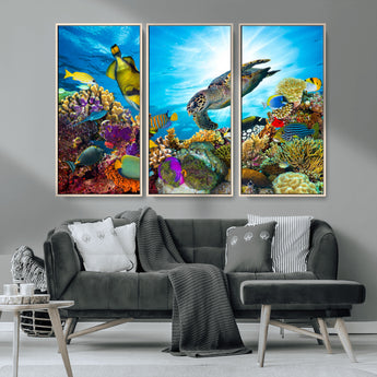 44772-MGV-CV-36X24-Underwater Sea Turtle Wall Art – Vibrant Coral Reef and Tropical Fish Canvas Print, Ocean Marine Life Decor for Living Room,