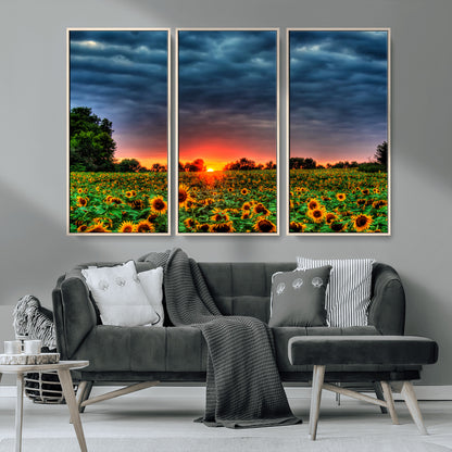 45045-MGV-FC-48X32-3P_Natural-Sunflower Field Sunset Wall Art – Dramatic Stormy Sky Landscape Print, Vibrant Yellow Floral Nature Canvas for Living Room,